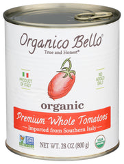 Organico Bello label close-up shows 100% organic tomatoes and no added sugars.