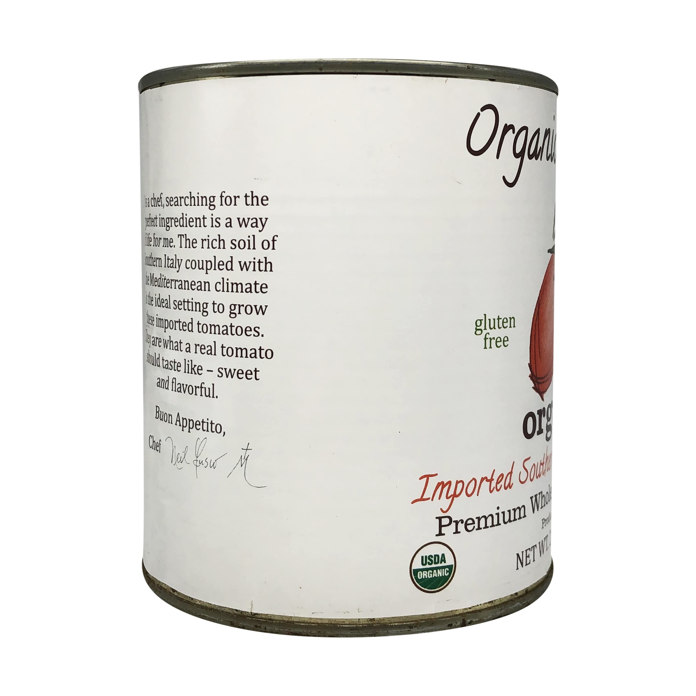 Organico Bello can nutrition panel highlights organic and gluten-free attributes.