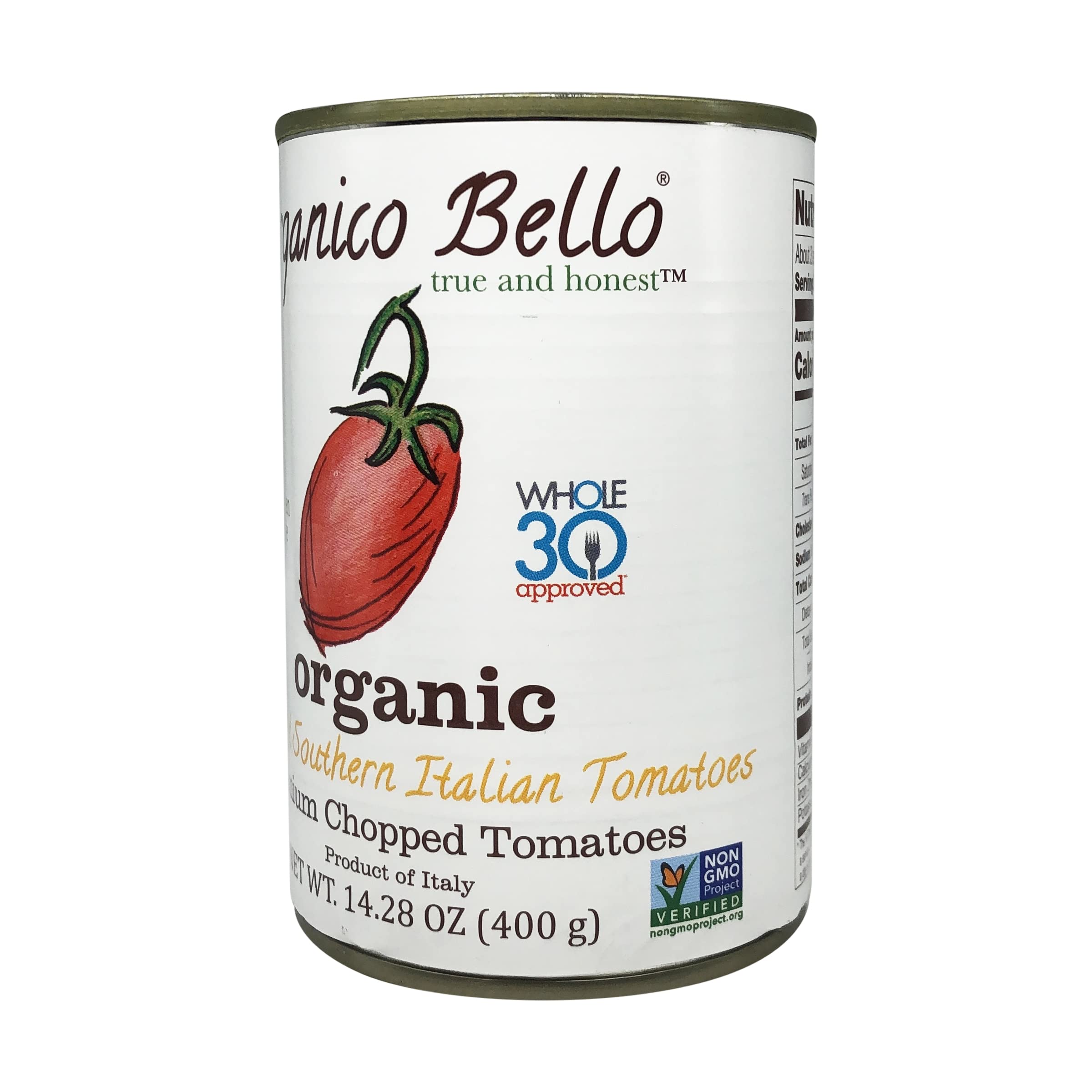 Organico Bello simple ingredient list focuses on tomatoes and puree.