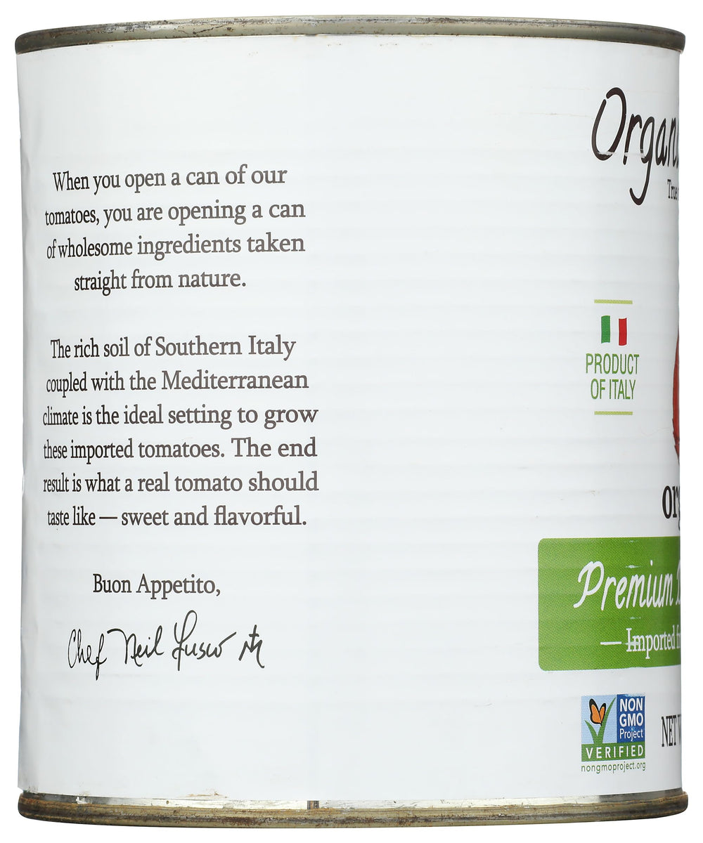 Organico Bello canned tomatoes stacked in a tidy kitchen