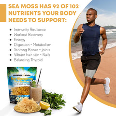 Organics Nature Sea Moss jars and label highlight non-GMO and vegan status.