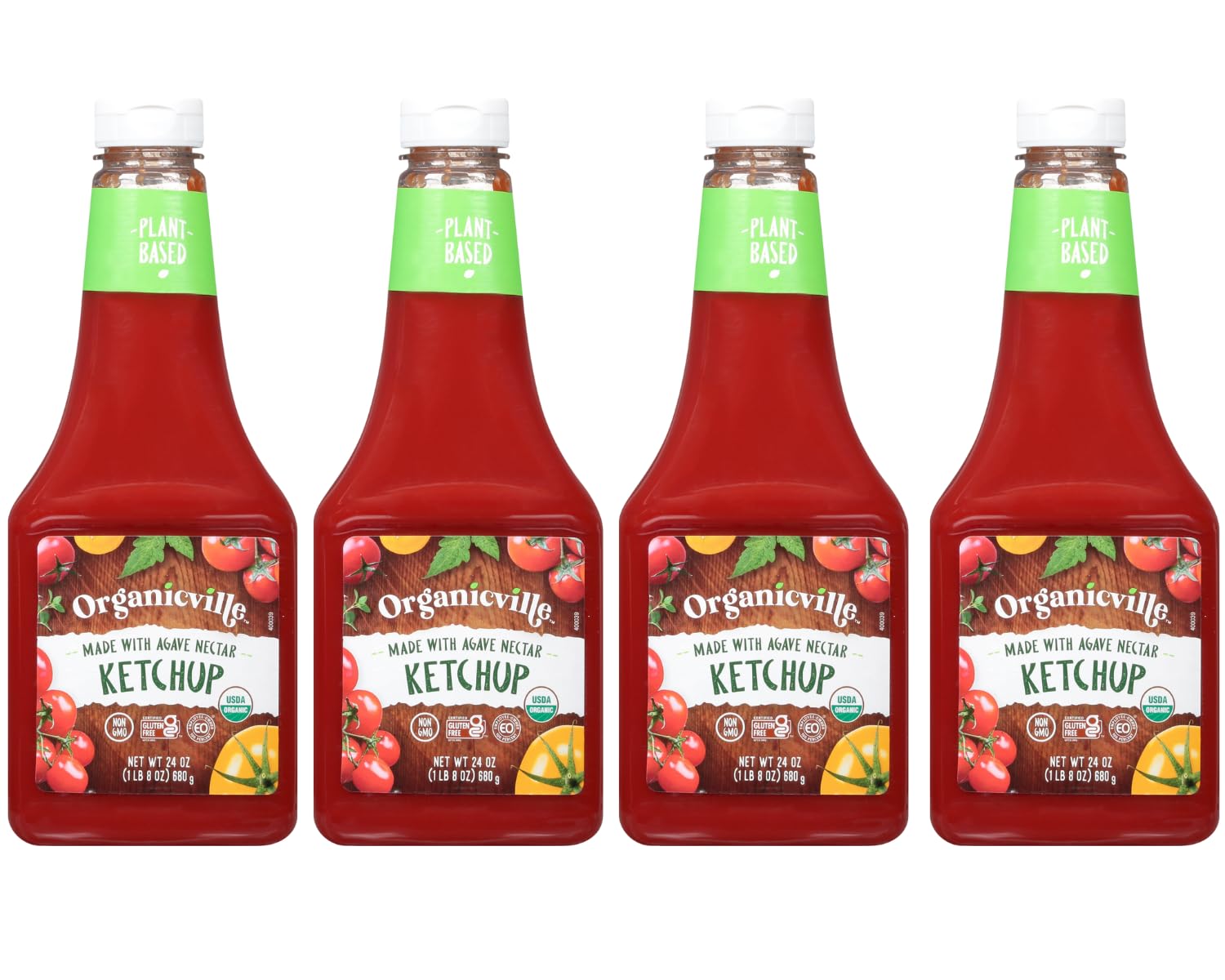 Organicville Organic Ketchup bottle top view; plant-based flavor for burgers