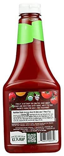 Organicville ketchup close-up pour highlighting agave-sweetened flavor.