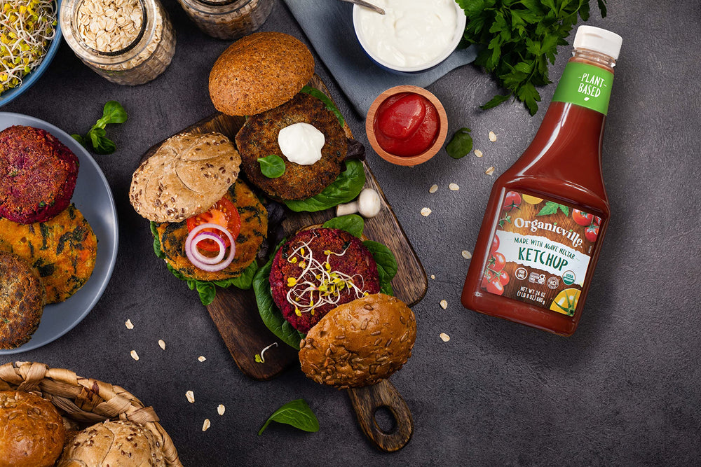 Organicville ketchup label close-up emphasizes organic and vegan ingredients.
