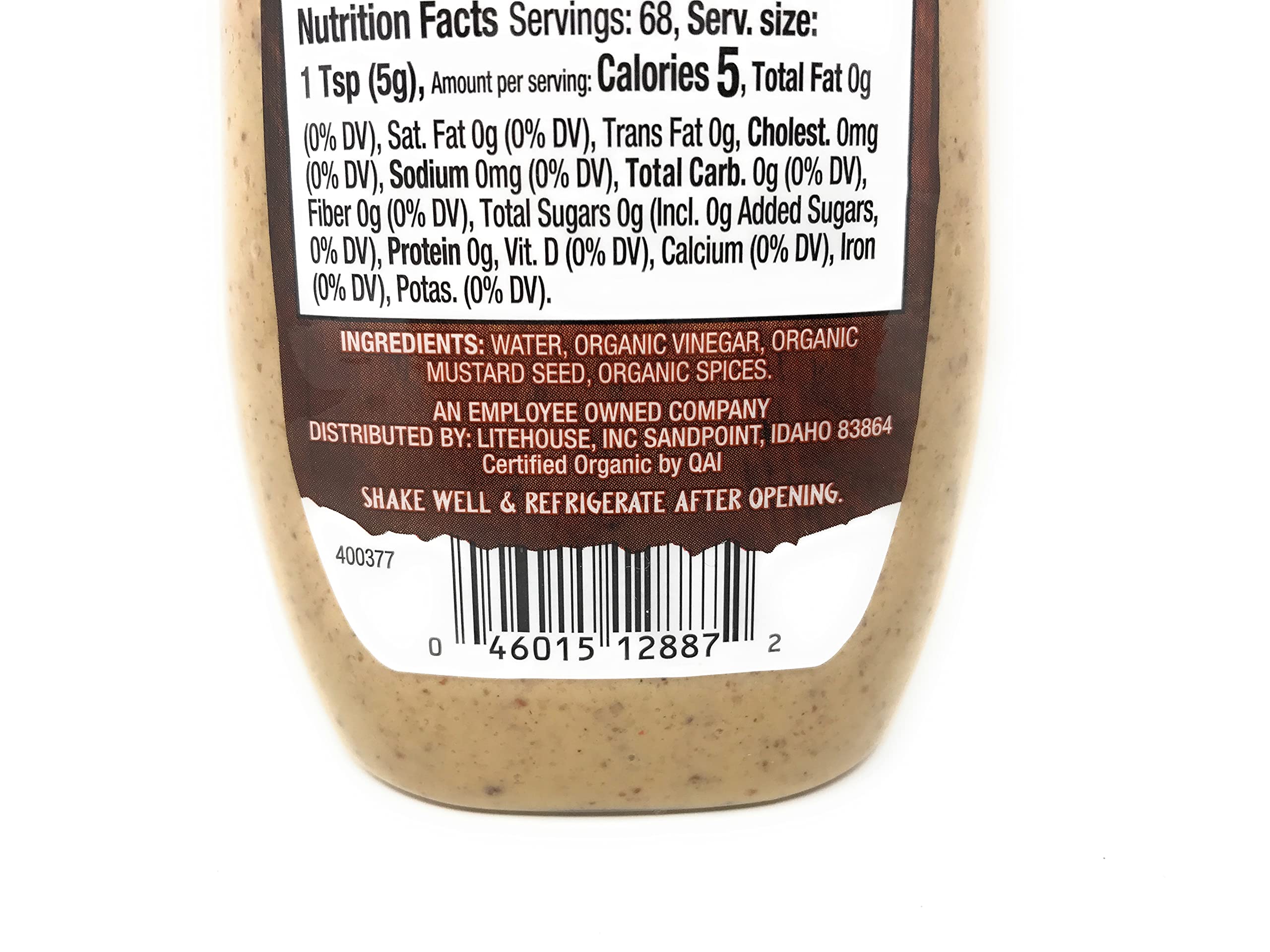 Close-up of Organicville mustard label, highlighting organic ingredients.