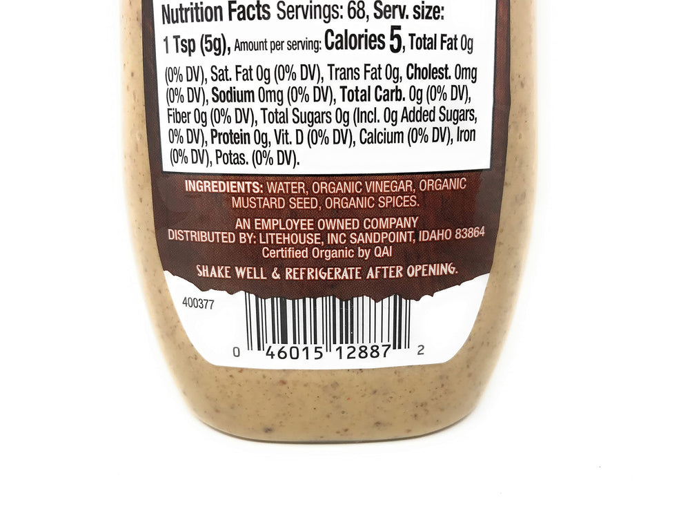 Close-up of Organicville mustard label, highlighting organic ingredients.