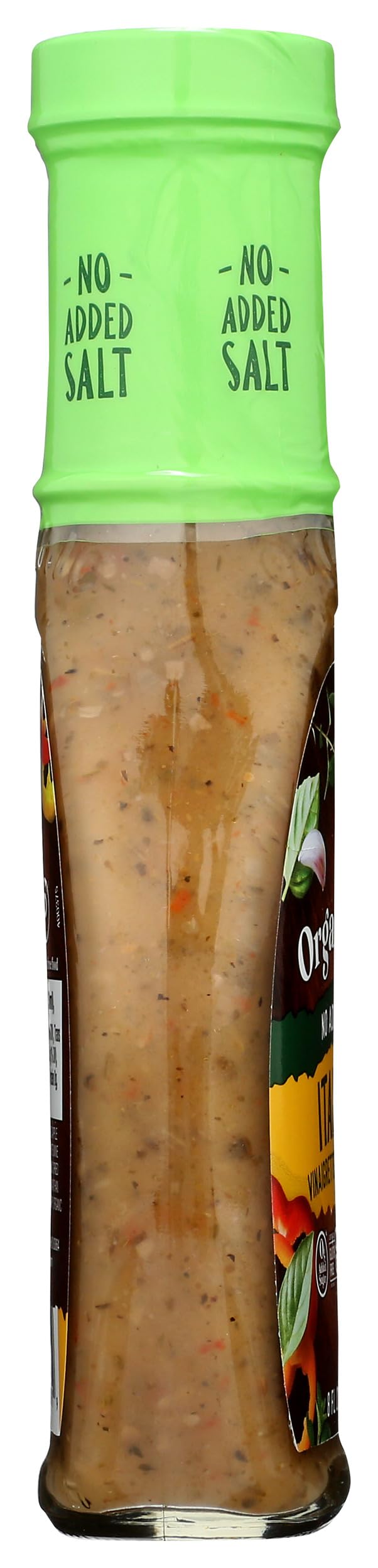 Organicville salad dressing dispensed on greens adds bright flavor.