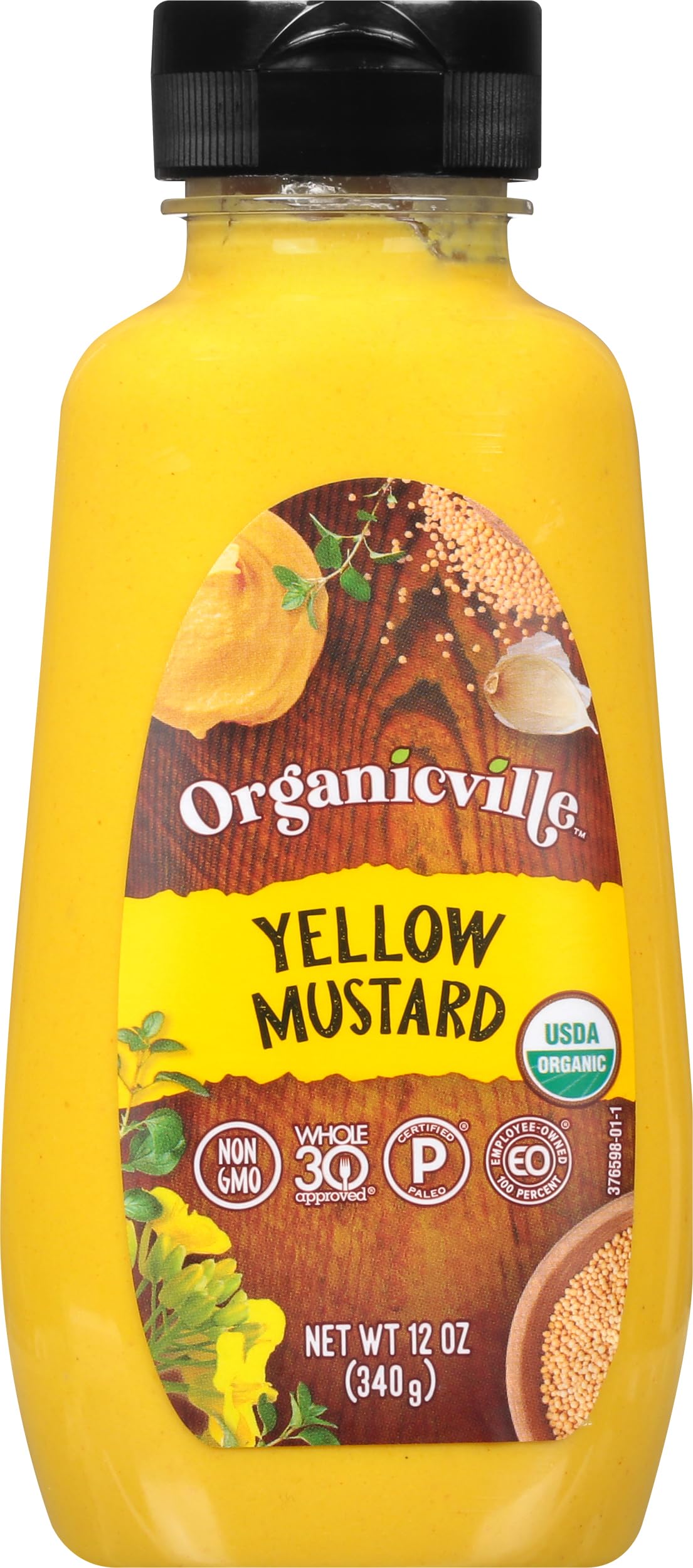 Organicville Yellow Mustard bottle full, organic vegan flavor for sandwiches