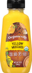 Organicville Yellow Mustard bottle full, organic vegan flavor for sandwiches