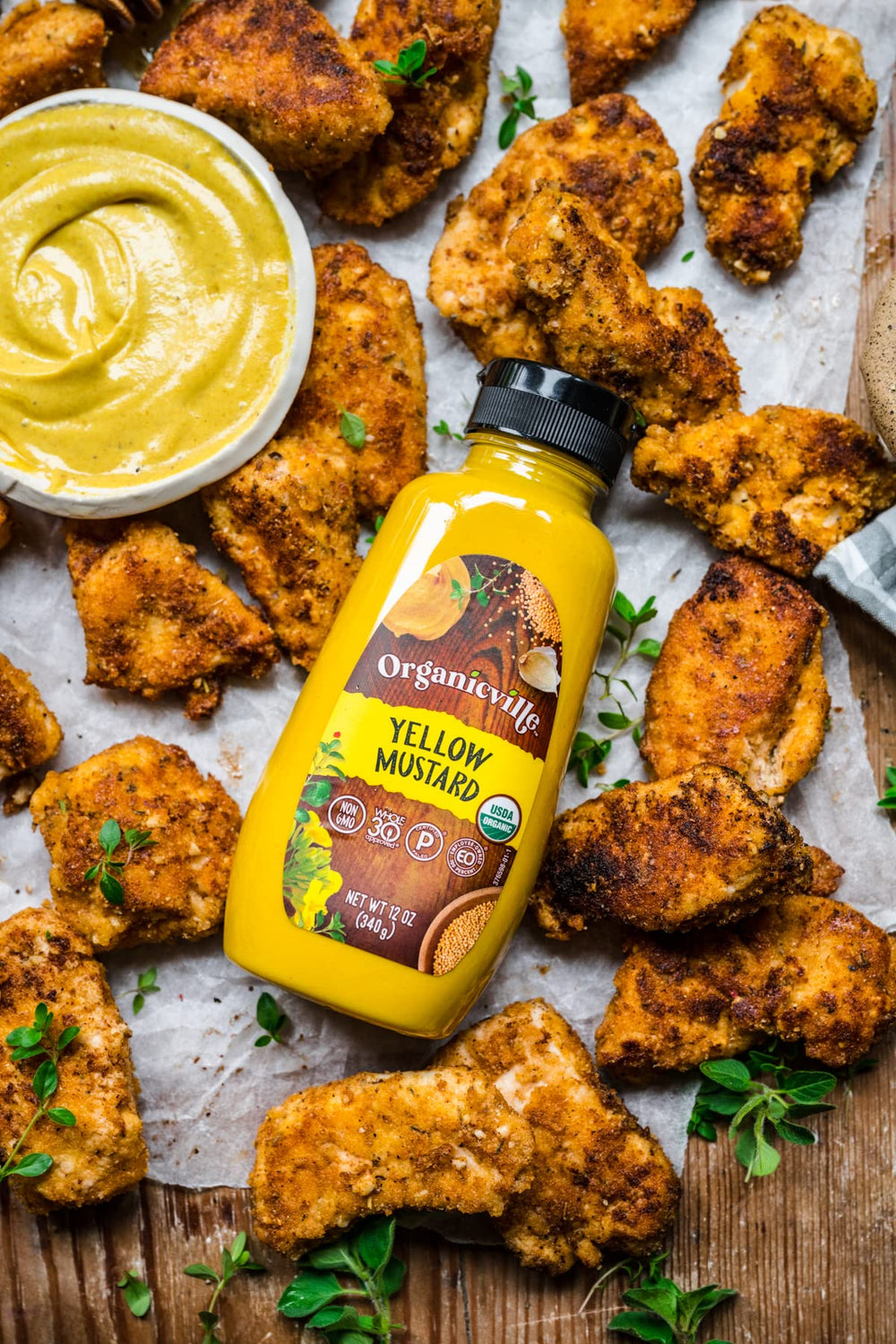 Organicville Yellow Mustard close-up with glossy top, gluten-free tang
