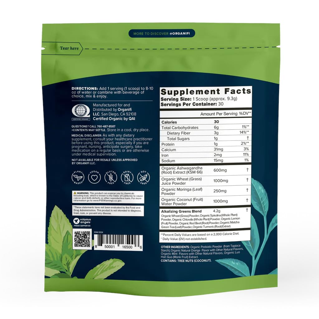 Organifi Green Juice Powder label closeup indicating natural greens blend for daily wellness.
