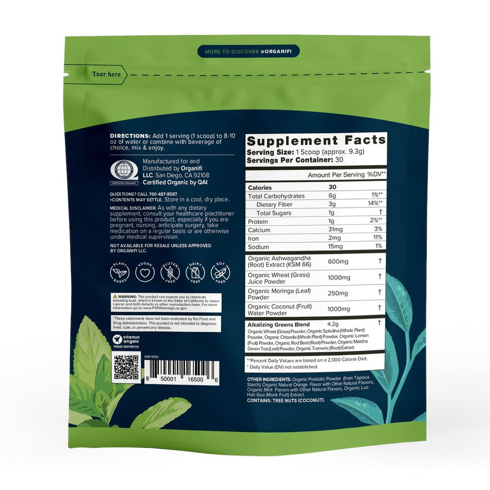 Organifi Green Juice Powder label closeup indicating natural greens blend for daily wellness.