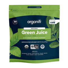Organifi Green Juice Powder tub front highlighting a convenient daily greens boost.
