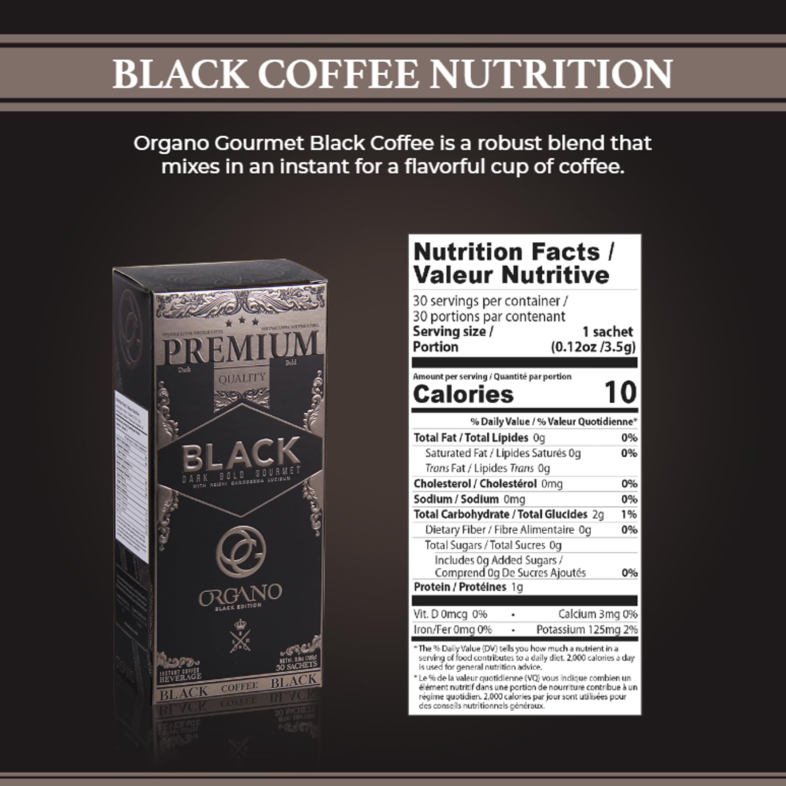 ORGANO Gourmet Black Coffee in hot water cup ready to enjoy.