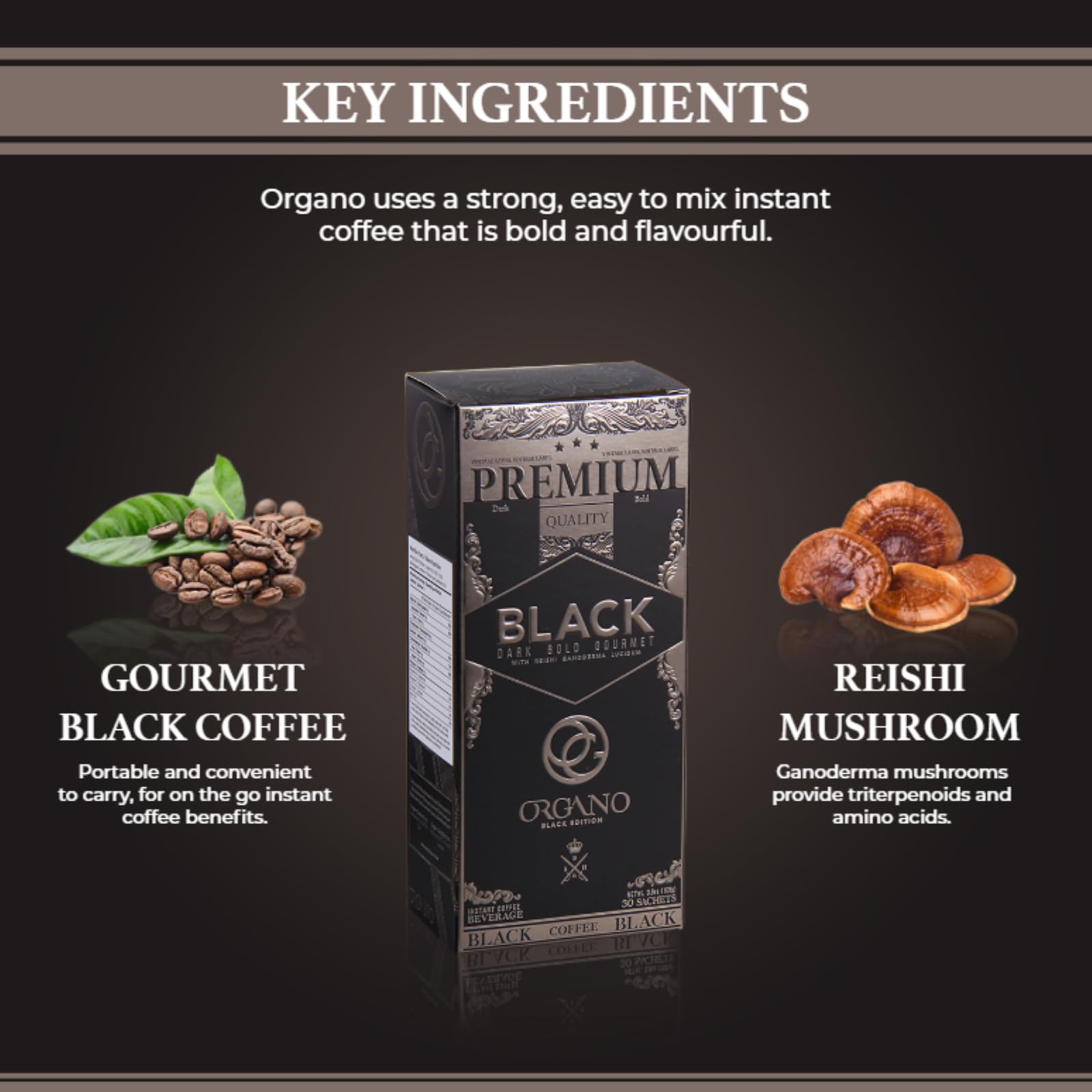ORGANO Gourmet Black Coffee brewed cup reveals rich, bold flavor with earthy notes.