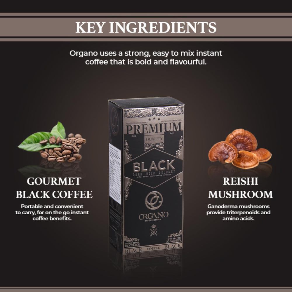ORGANO Gourmet Black Coffee brewed cup reveals rich, bold flavor with earthy notes.