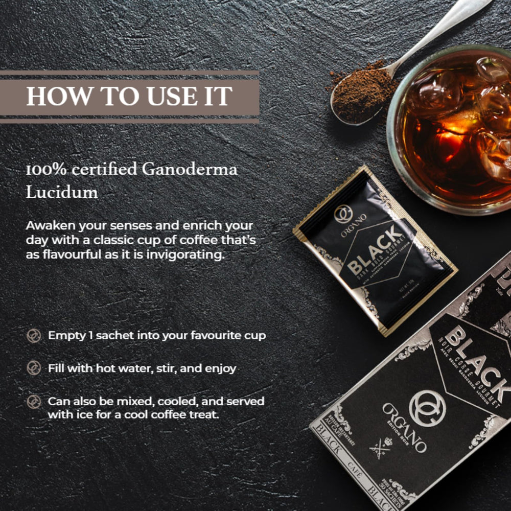 ORGANO Gourmet Black Coffee poured over ice for a refreshing cold option.