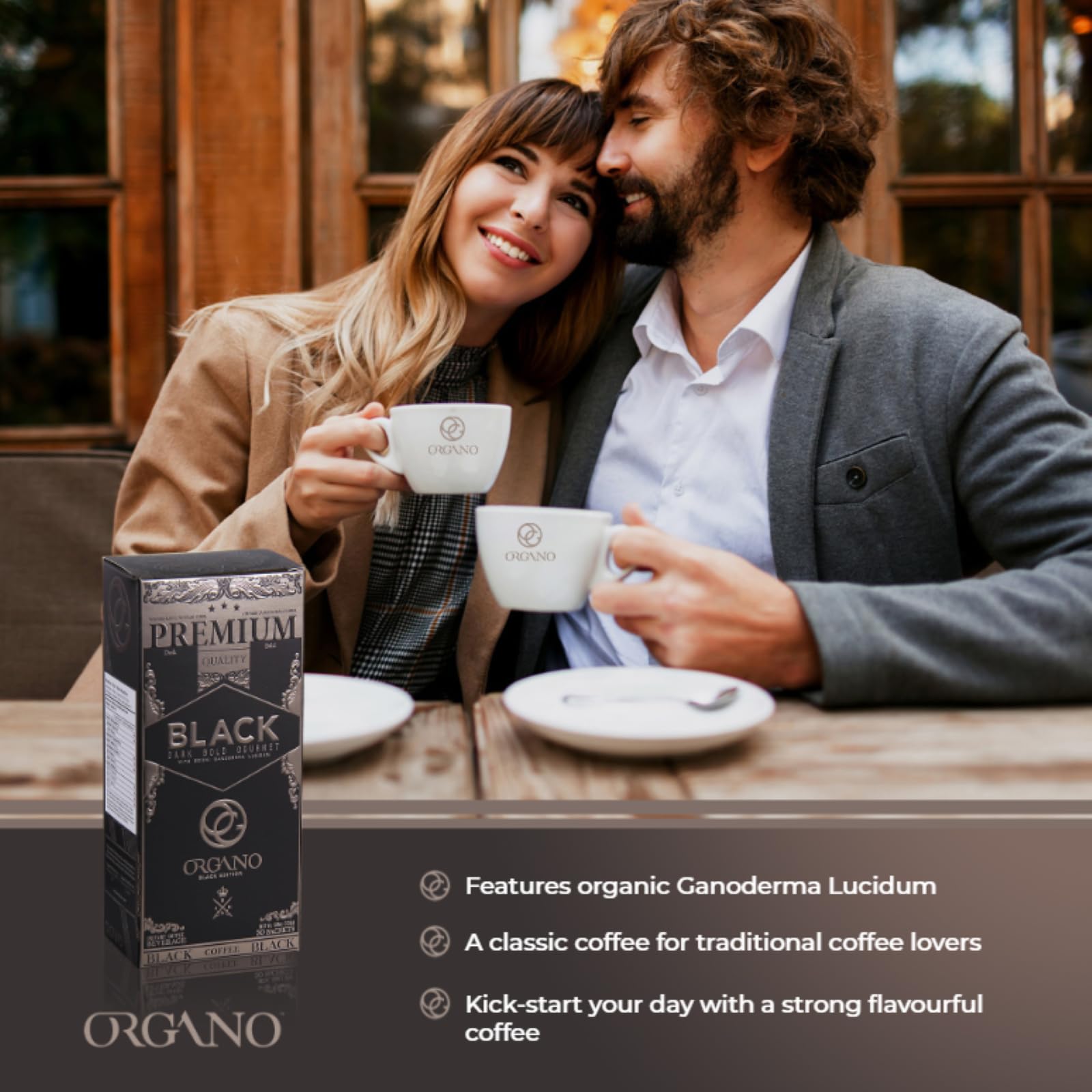 ORGANO Gourmet Black Coffee on-the-go setup ideal for travel and quick rituals.