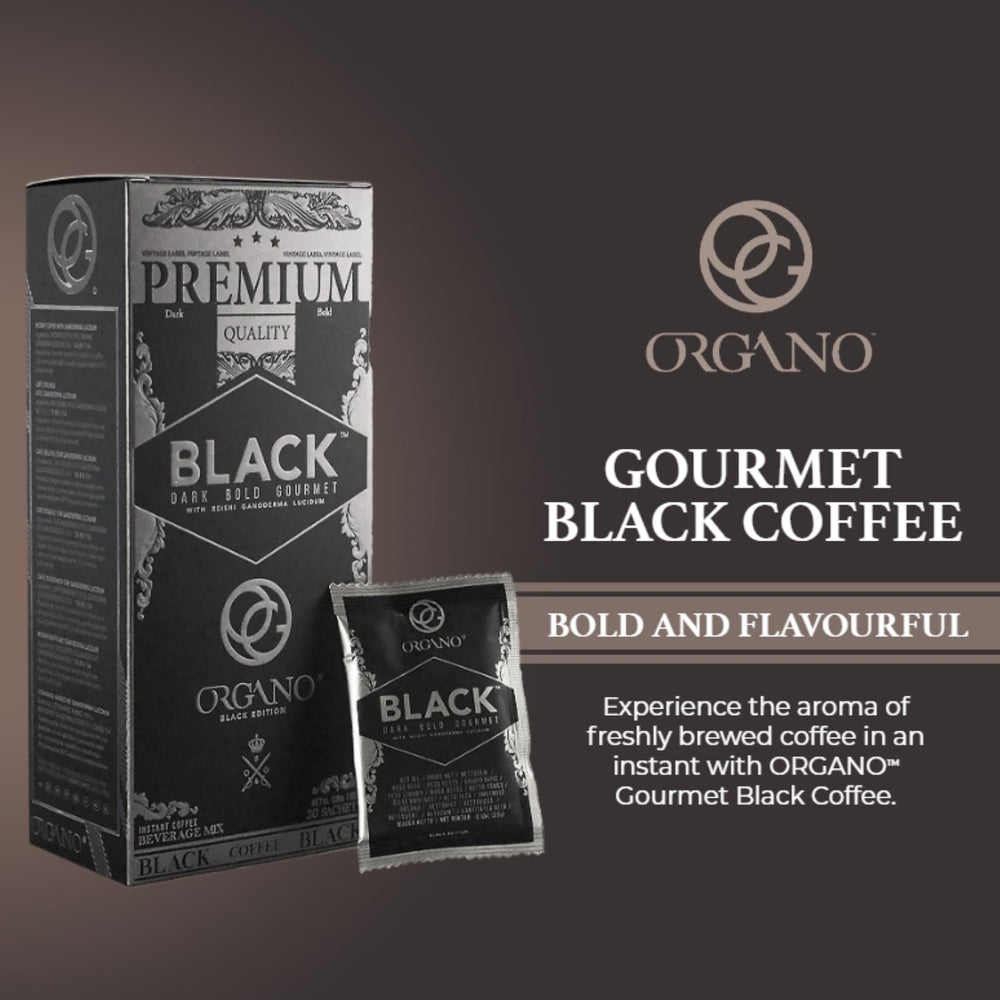 ORGANO Gourmet Black Coffee sachet close-up highlights convenient single-serve portions.