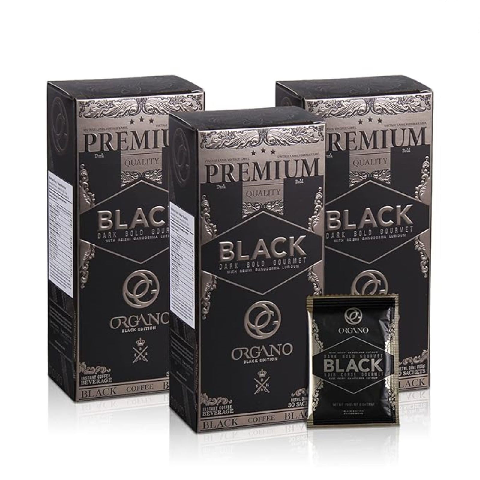 ORGANO Gourmet Black Coffee sachet close-up for convenient single-serve preparation.
