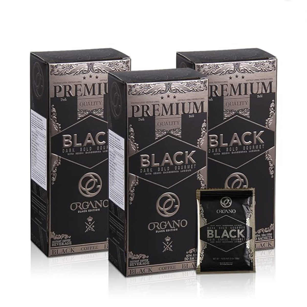 ORGANO Gourmet Black Coffee sachet close-up for convenient single-serve preparation.