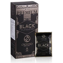 ORGANO Gourmet Black Coffee sachets packaging shows convenient portion control for busy mornings.