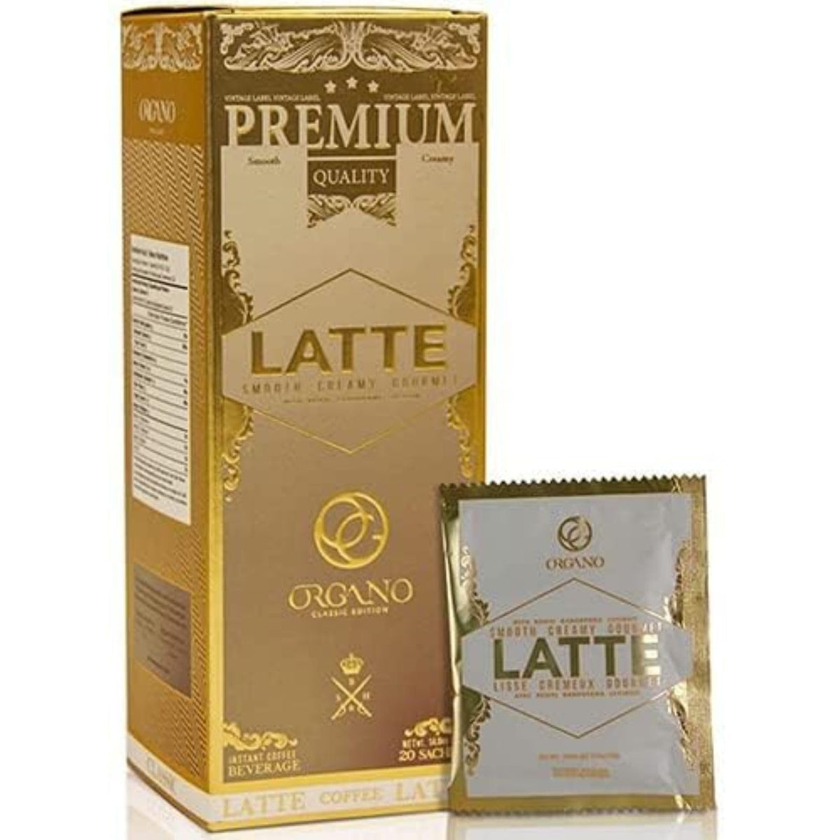 ORGANO Gourmet Cafe Latte box front with 20 sachets for easy, ready-to-use coffee