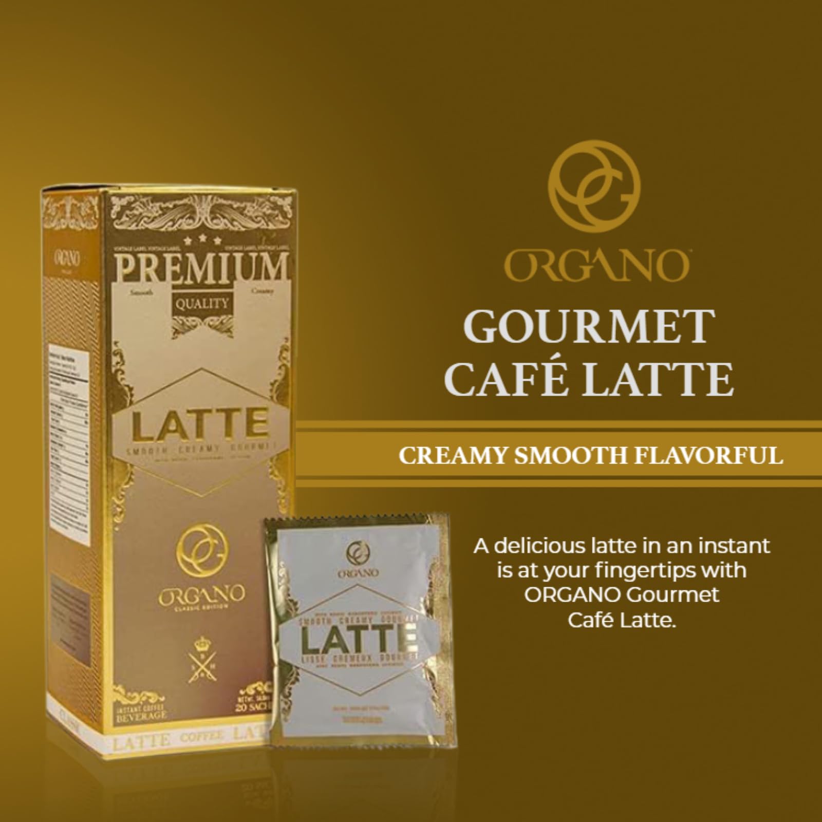 ORGANO Gourmet Cafe Latte cup with steam offering a creamy hot latte