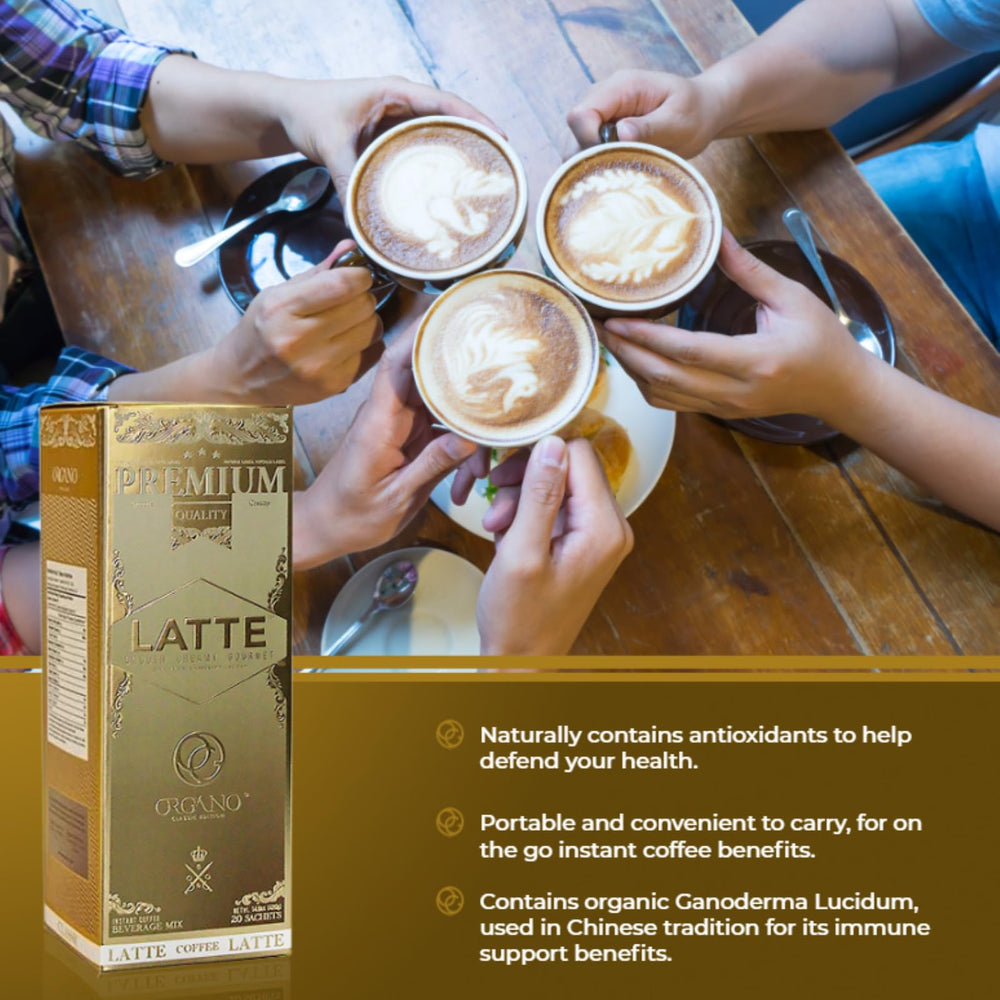 ORGANO Gourmet Cafe Latte ganoderma visual emphasizes key ingredient and feature.