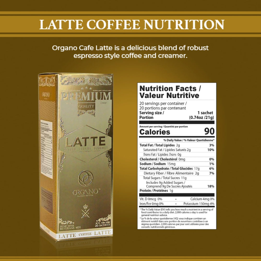 ORGANO Gourmet Cafe Latte sachets close-up with premium Arabica-Robusta blend