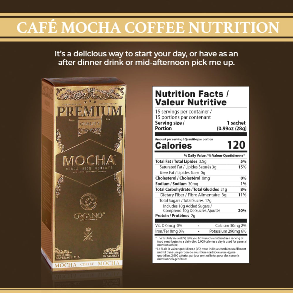 ORGANO Gourmet Cafe Mocha aluminum-seal packaging preserves freshness and aroma.