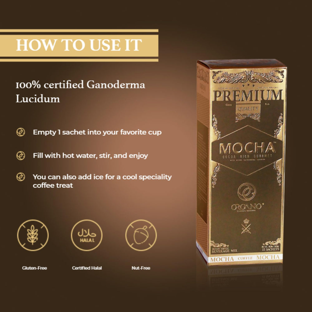 ORGANO Gourmet Cafe Mocha aroma close-up conveys inviting coffee scent.