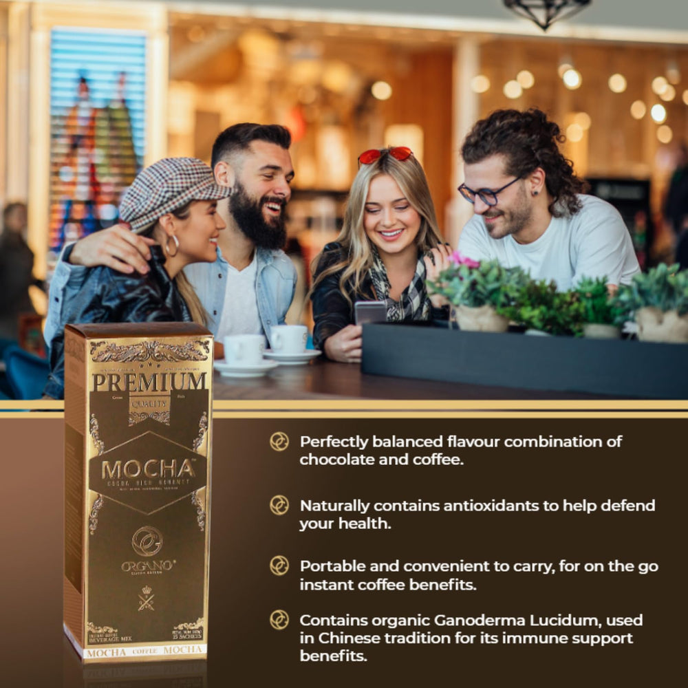 ORGANO Gourmet Cafe Mocha ganoderma-lucidum powder note enriches the blend.