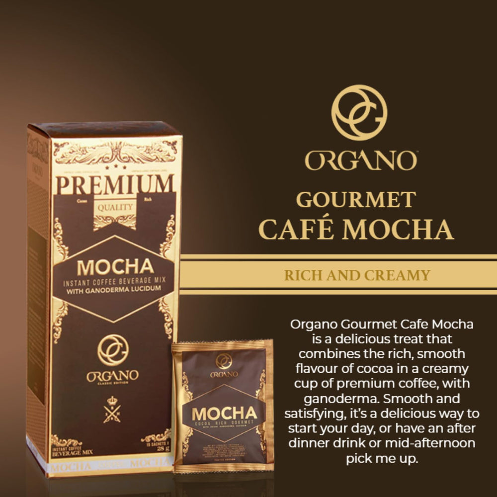 ORGANO Gourmet Cafe Mocha iced cup highlights refreshing cold mocha.