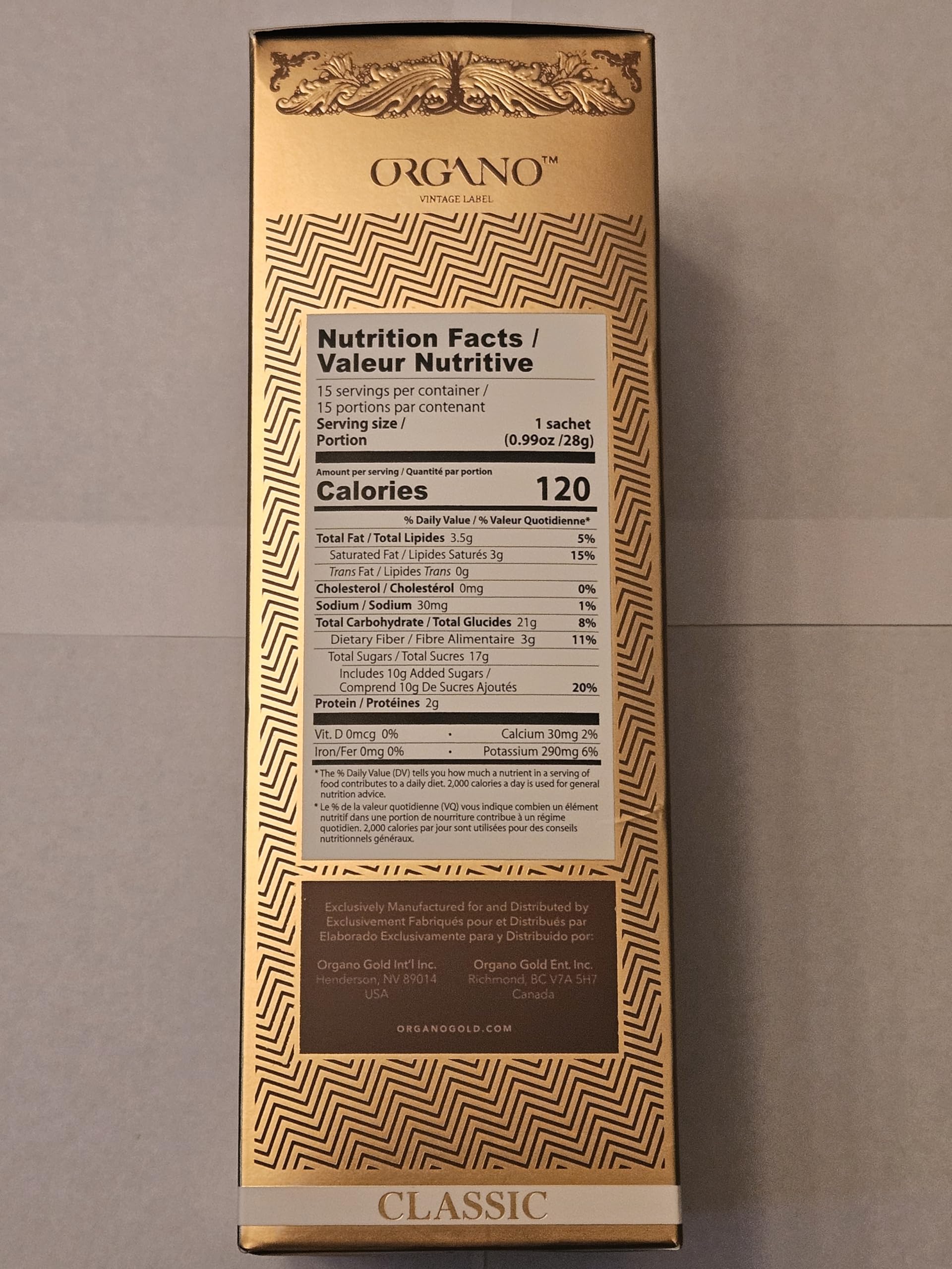 ORGANO Gourmet Cafe Mocha sachet opening enables quick, single-serve preparation.