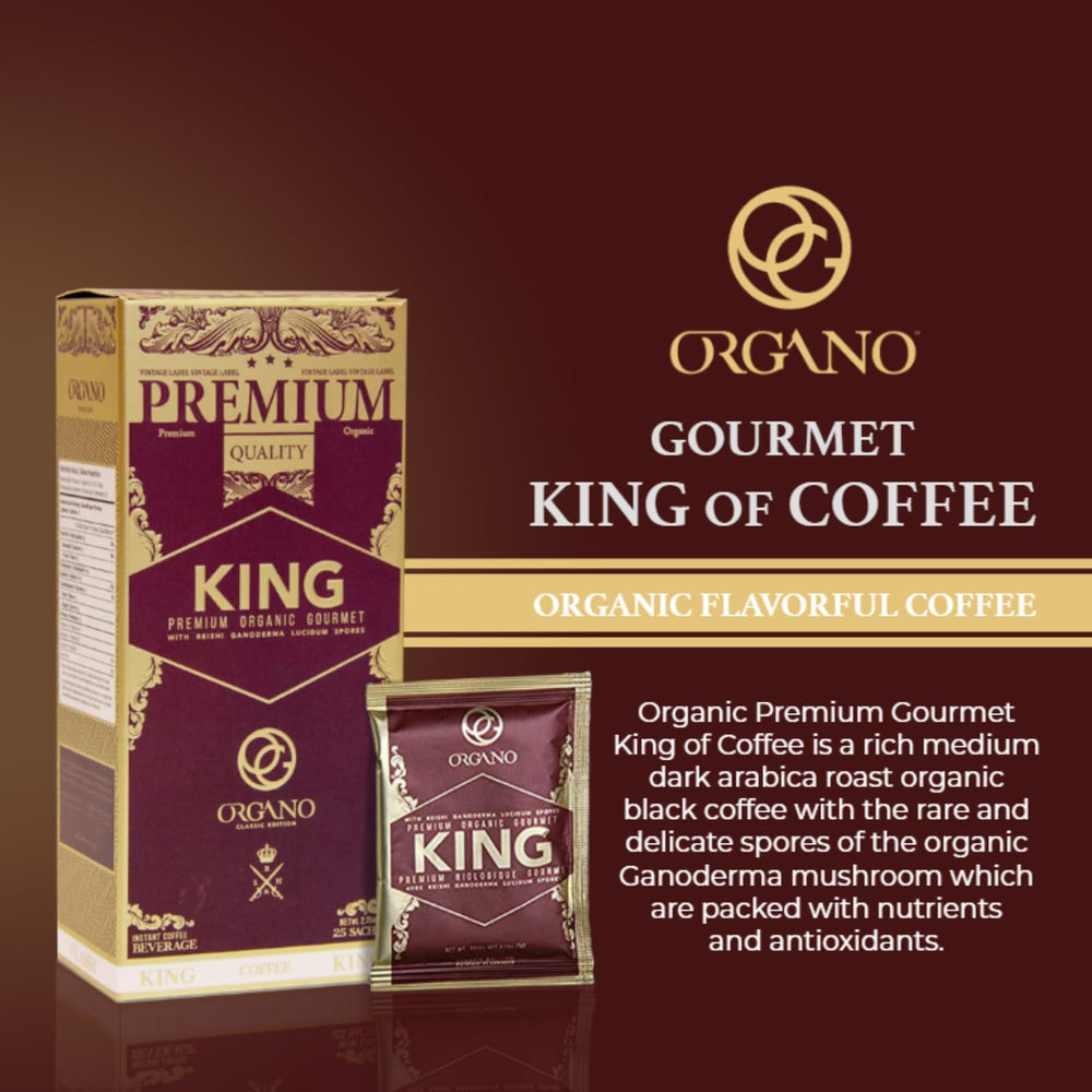 ORGANO King Coffee ganoderma spores image highlights premium ingredient.
