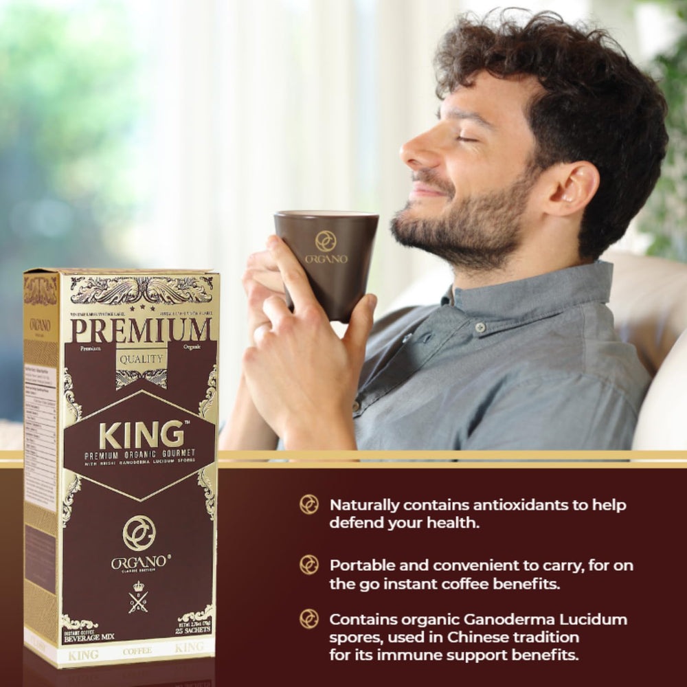 ORGANO King Coffee instant sachets enable quick, flavorful servings.