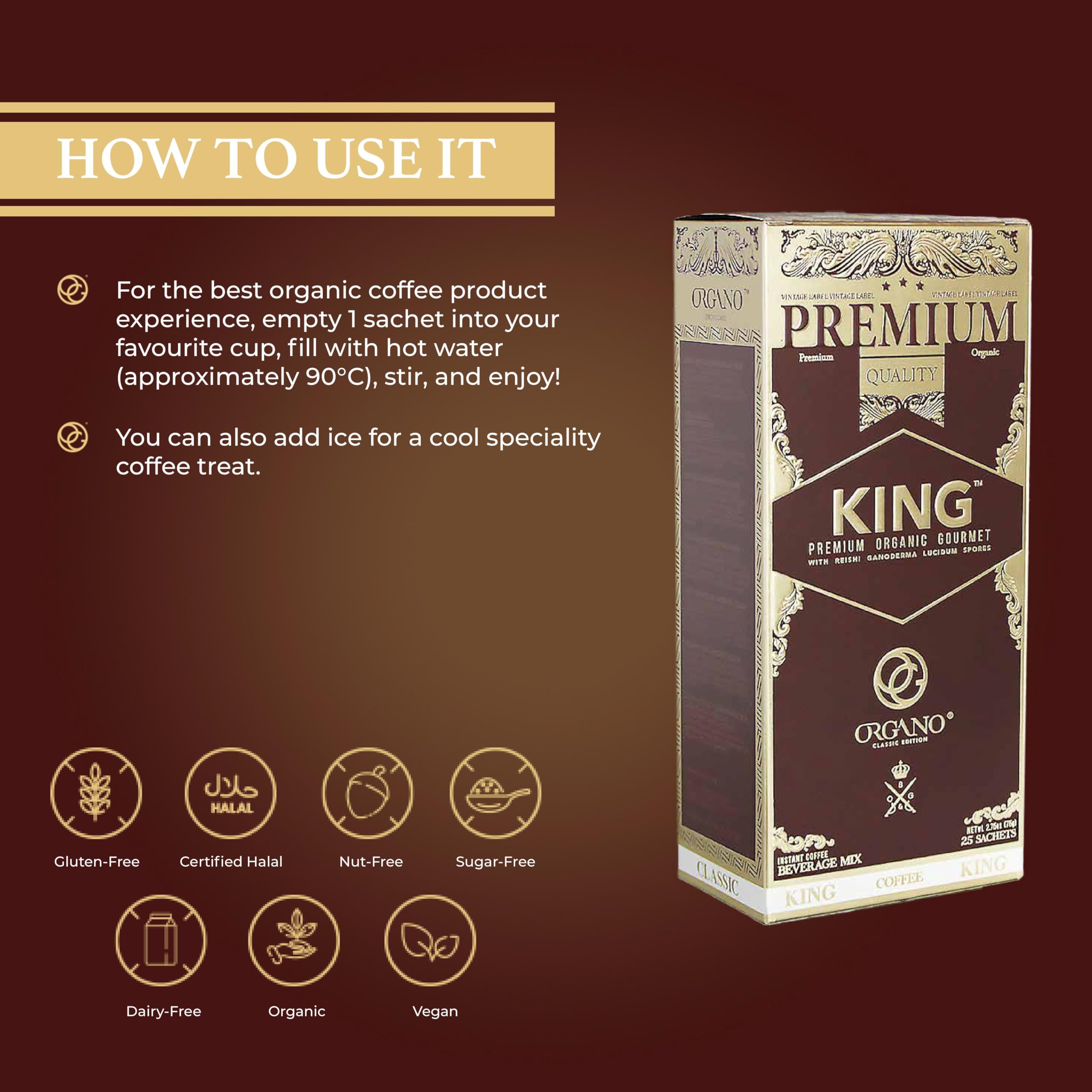 Hot ORGANO King of Coffee poured over ice for a cold brew