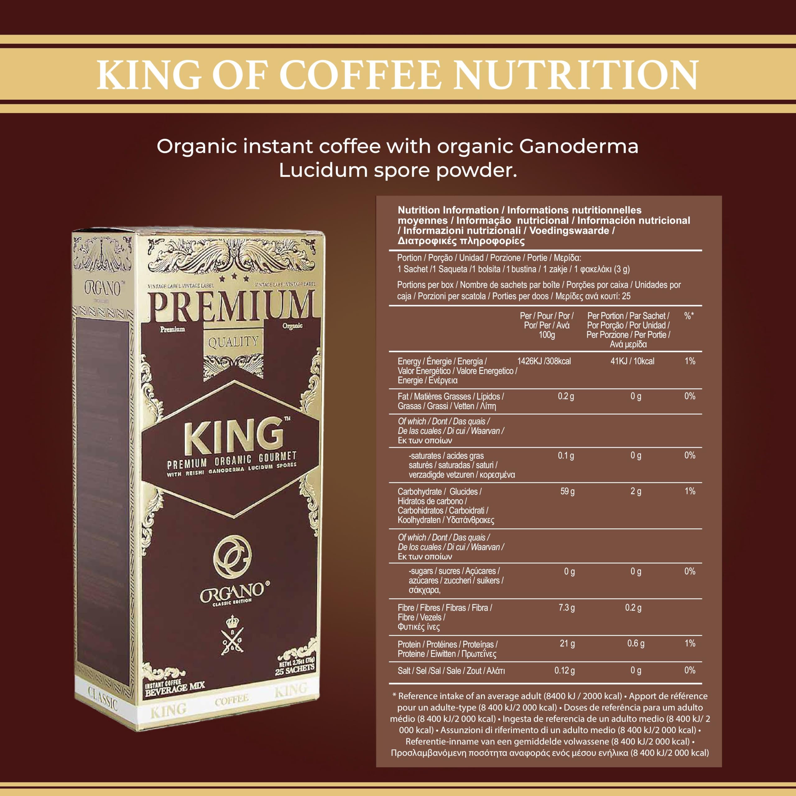 Steaming cup of ORGANO King of Coffee ready to drink