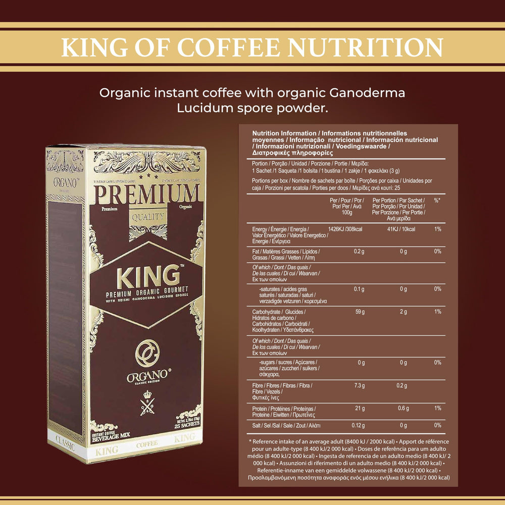 Steaming cup of ORGANO King of Coffee ready to drink