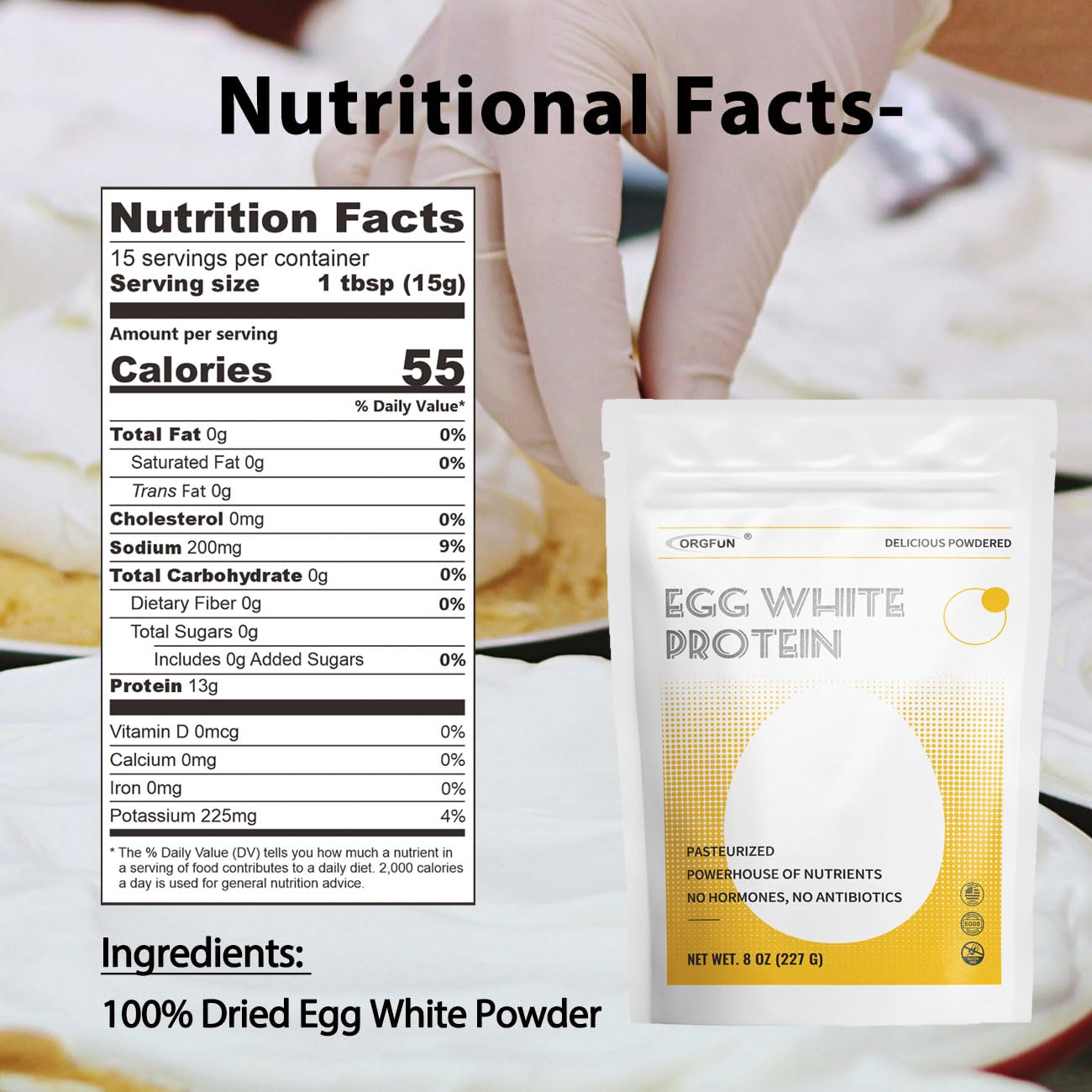 ORGFUN egg white powder pasteurized format ideal for quick mixing in drinks