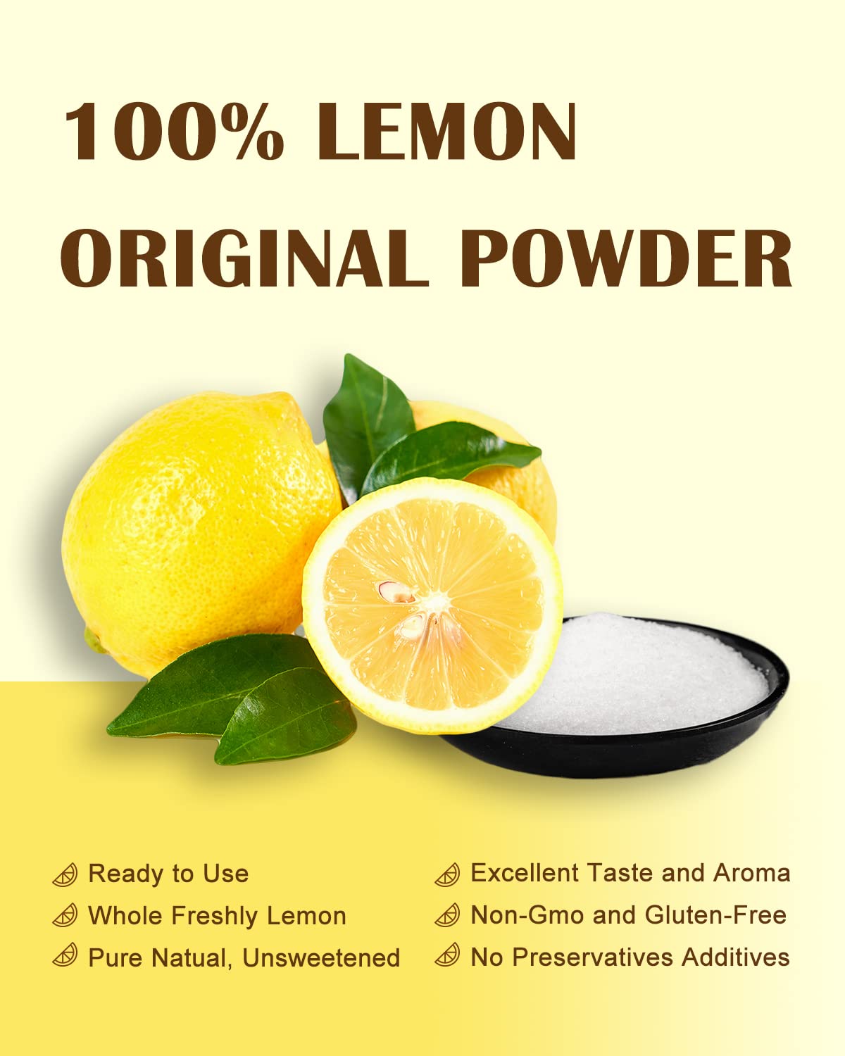 ORGFUN Freeze Dried Lemon Powder jar highlighting preserved freshness and convenience