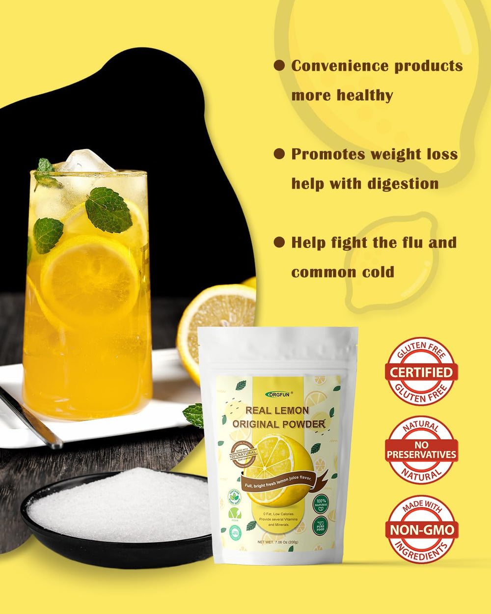 ORGFUN Lemon Powder in a glass beverage for refreshing drinks