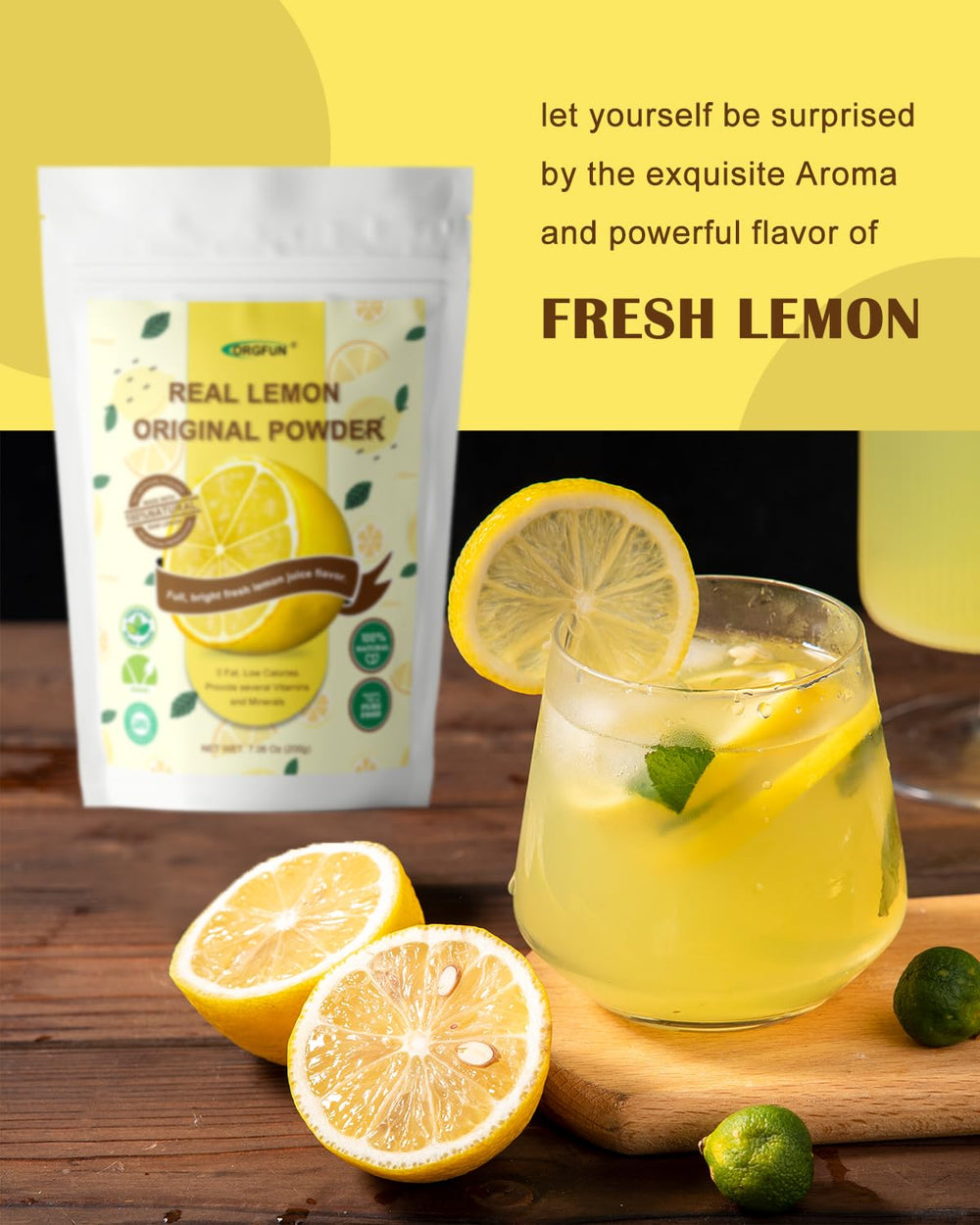 ORGFUN Lemon Powder in smoothie concept for bright citrus flavor