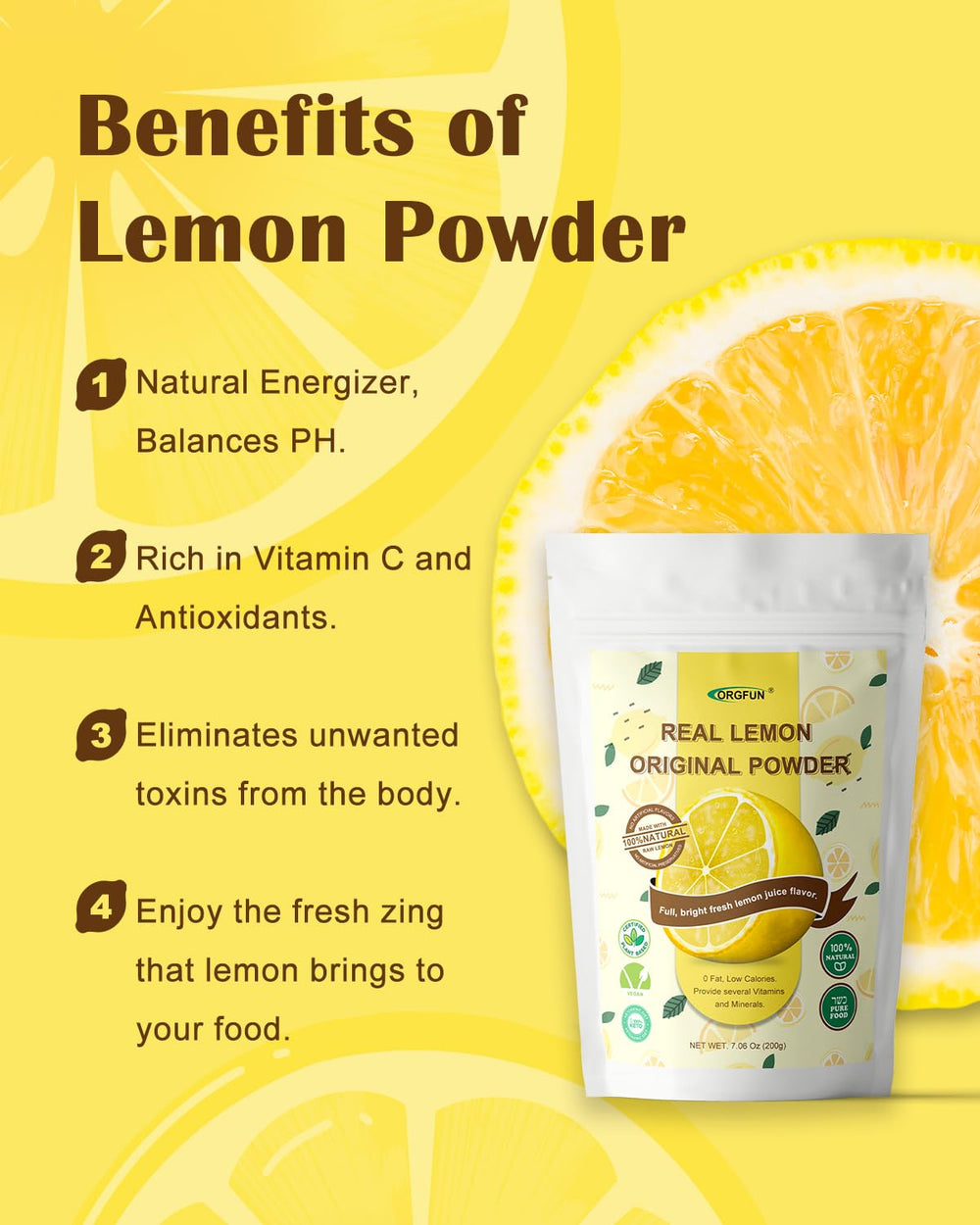 ORGFUN Lemon Powder texture closeup emphasizing vibrant color and aroma