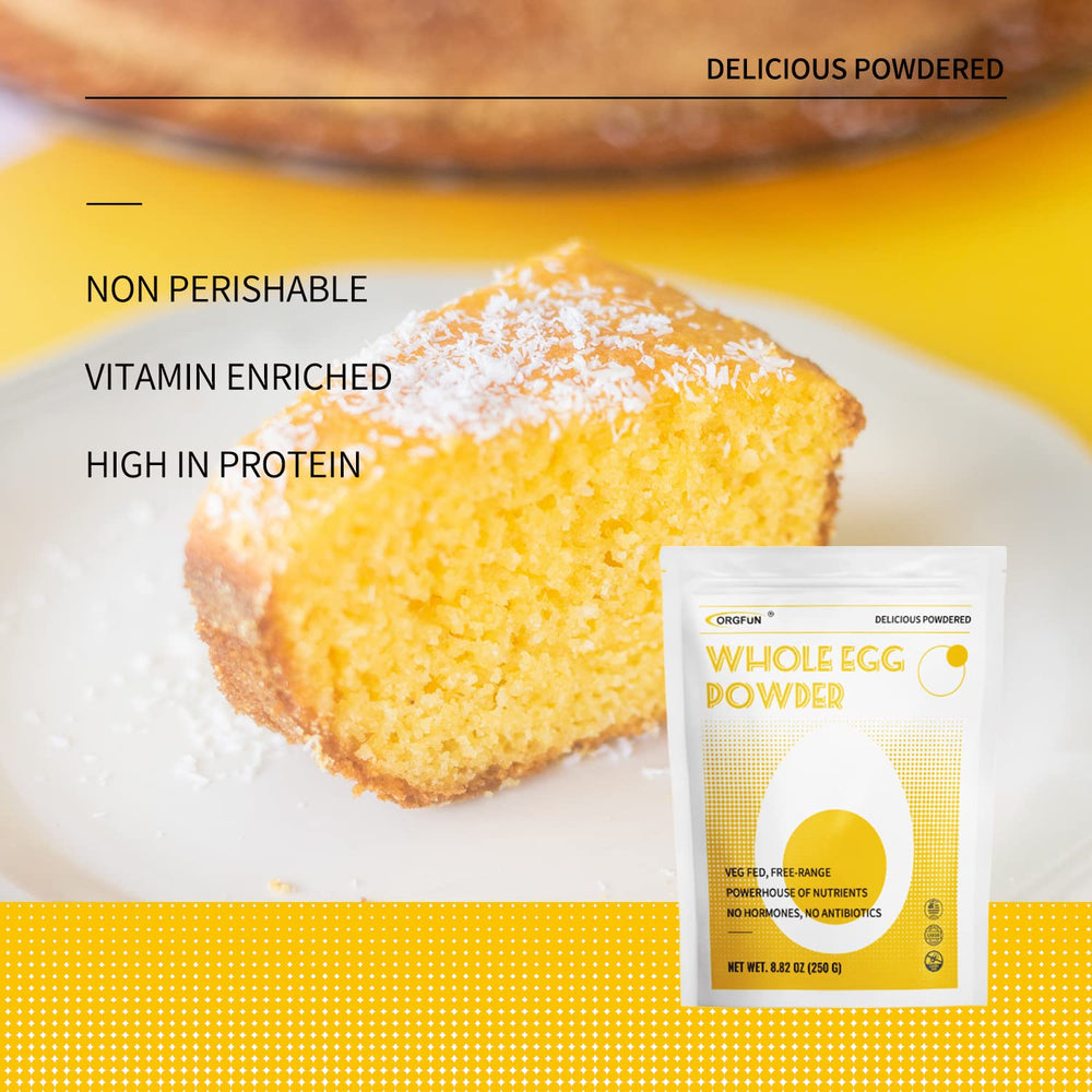 ORGFUN pasteurized egg powder packaging closeup signaling safe, shelf-stable protein
