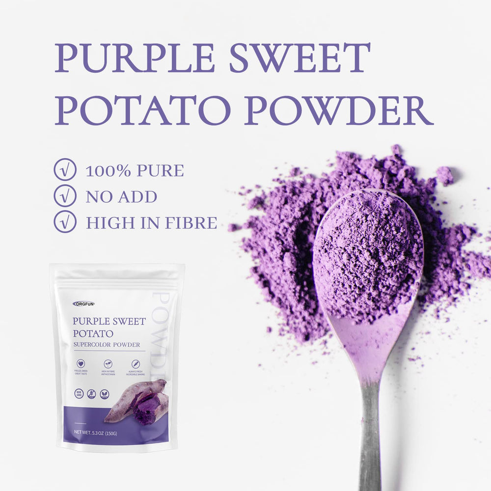 ORGFUN Purple Sweet Potato Powder in a glass bowl ready for smoothies.