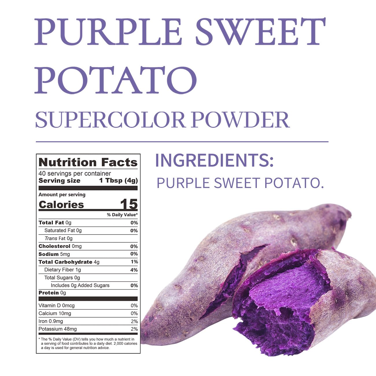 ORGFUN Purple Sweet Potato Powder jar with scoop illustrating easy portioning.
