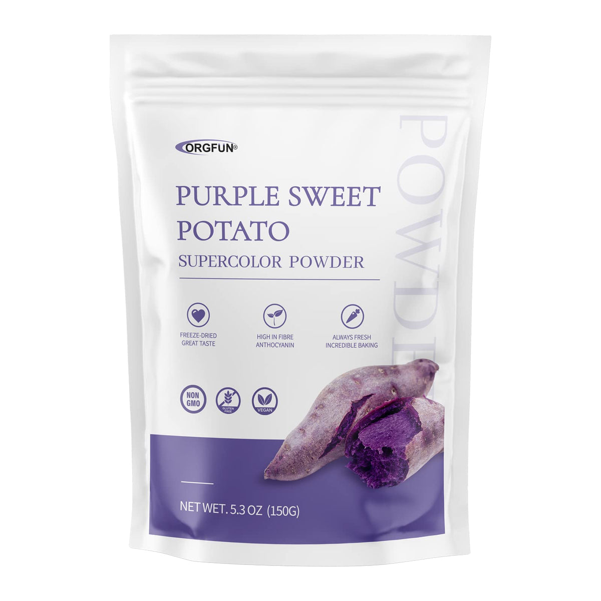 ORGFUN Purple Sweet Potato Powder packaging front with vibrant purple hue for colorful dishes.
