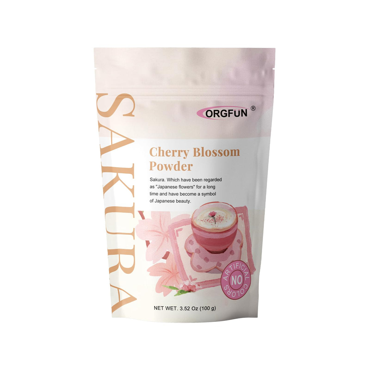 ORGFUN Sakura Powder poured into a latte for delicate cherry blossom flavor